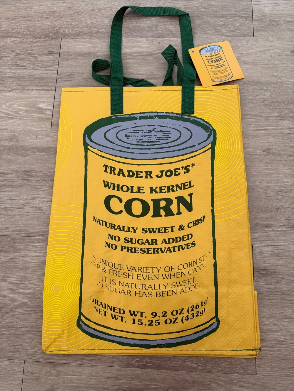 Trader Joe's Yellow Corn Tote Bag with Green Handles
